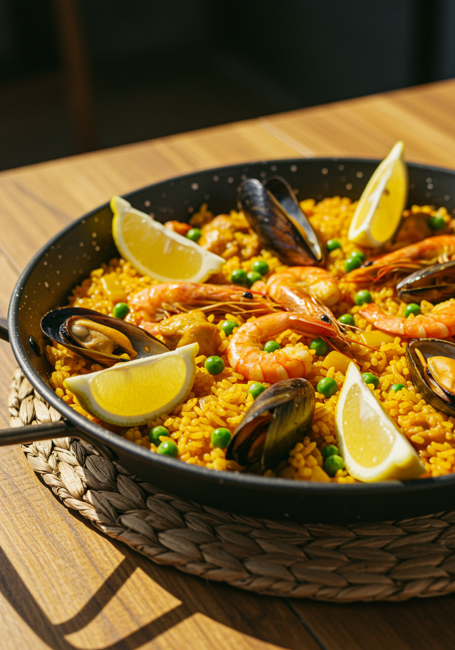 imagen10 "Deliciosa Paella Valenciana con arroz dorado, mariscos, pollo y guisantes, presentada en una sartén sobre un mantel de mimbre, evocando un ambiente mediterráneo soleado."