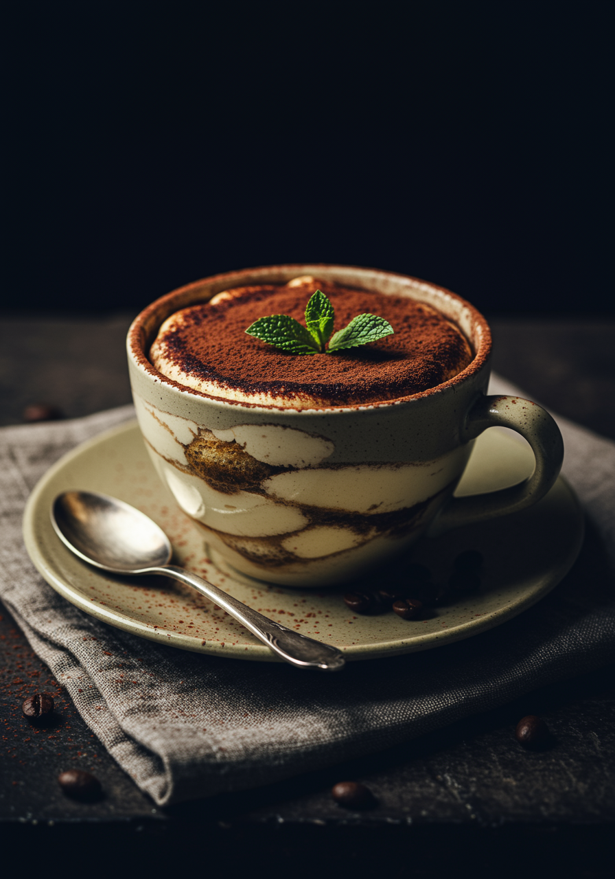 imagen14 "Primer plano de una elegante taza de cerámica vintage con tiramisù italiano, mostrando capas de crema de mascarpone y bizcochos empapados en espresso, sobre un plato a juego y servilleta de lino."