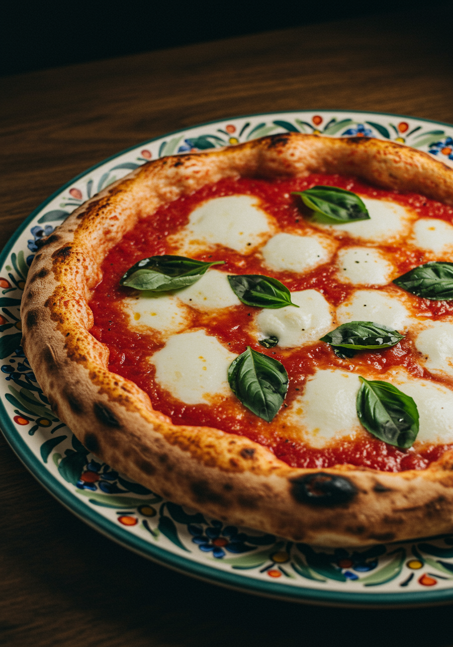 imagen19 "Pizza Margherita rústica al horno de leña en un plato cerámico decorativo, con corteza delgada, salsa de tomate fresco, mozzarella derretida y albahaca, resaltada por la luz natural."