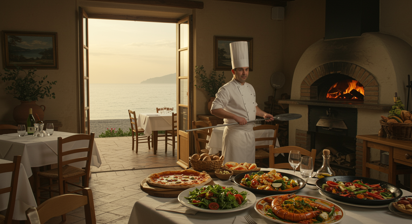 "Interior de una pizzería rústica italiana junto al mar Mediterráneo, con un chef napolitano sirviendo pizza al horno de leña, en un ambiente cálido y acogedor."