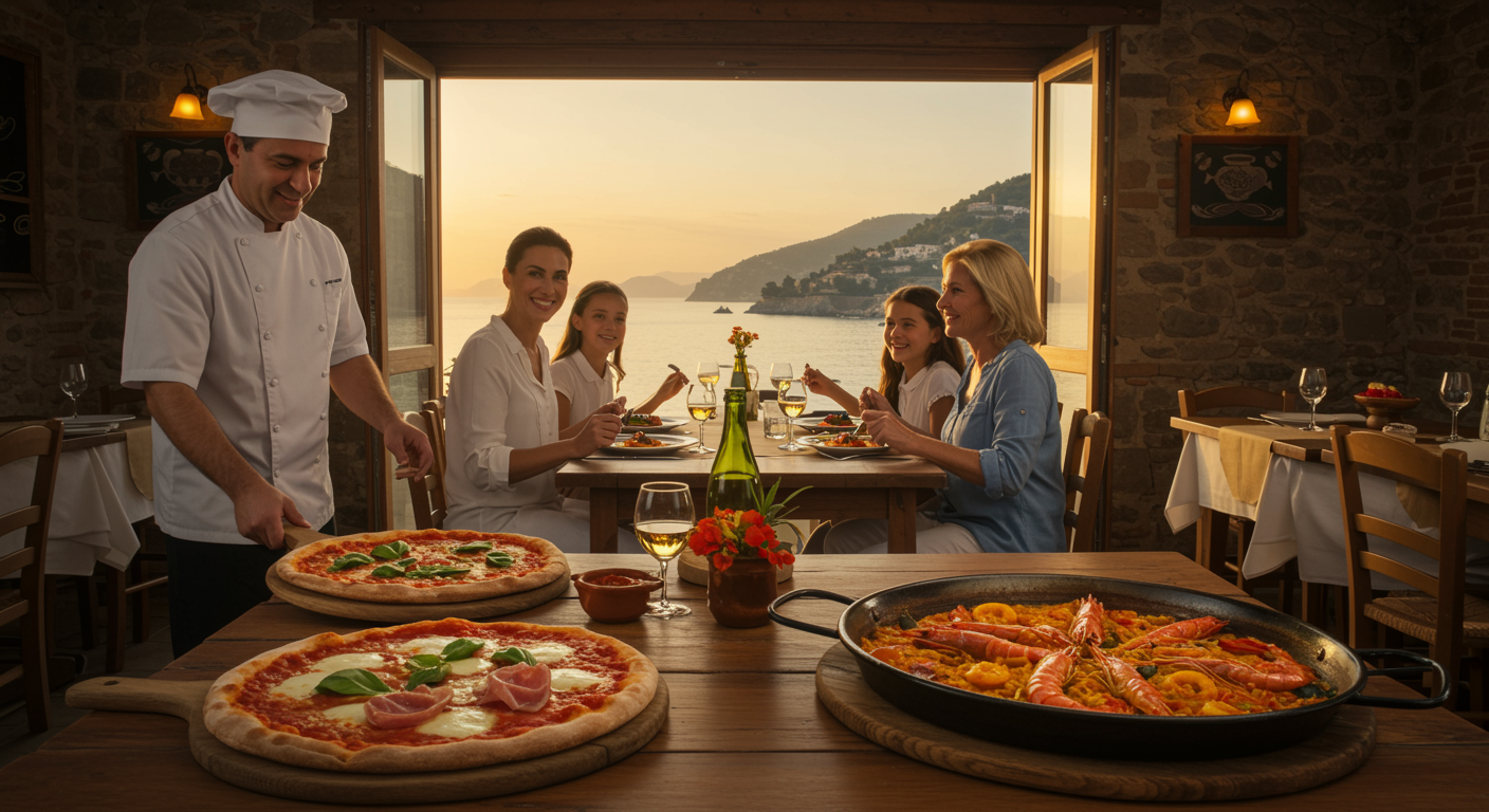 "Interior acogedor de una pizzería italiana junto al mar al atardecer, con pizza al horno de leña y paella valenciana, ideal para resaltar la experiencia gastronómica familiar."