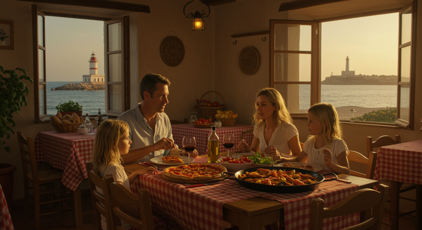 "Familia disfrutando de una pizza napolitana y paella en una pizzería rústica junto al mar al atardecer, con un ambiente mediterráneo acogedor y vistas al faro de Cullera."
