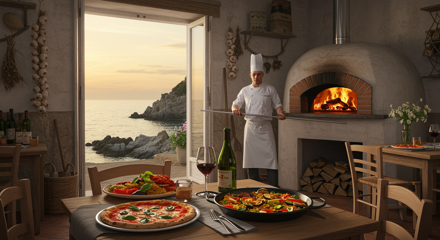"Interior acogedor de una pizzería italiana junto al mar al atardecer, con una mesa rústica, pizza napolitana, paella vegana, vino tinto y un chef sonriente en un ambiente cálido y nostálgico."