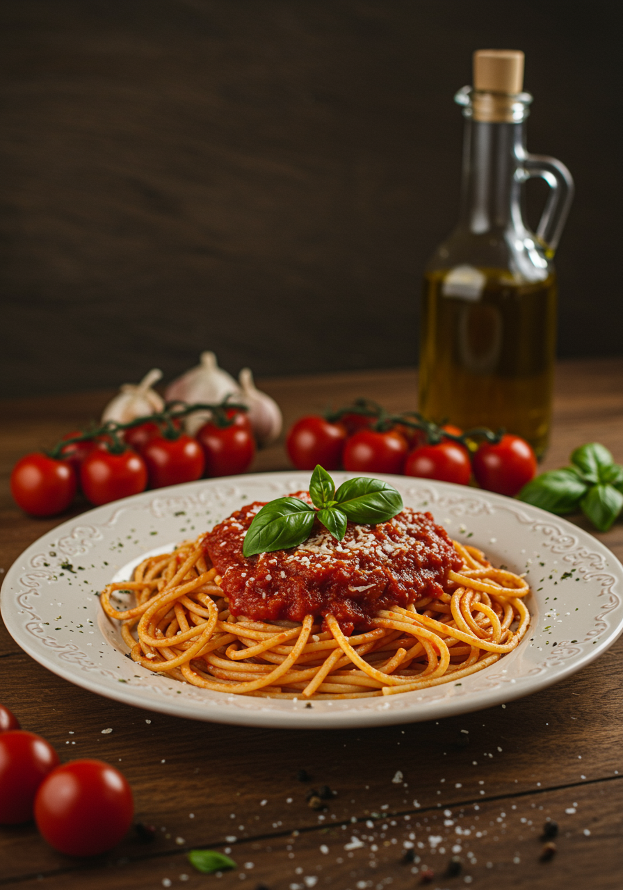 imagen9 "Deliciosa Pasta Napolitana con salsa de tomate y albahaca en plato cerámico sobre mesa de madera, ideal para recetas italianas."